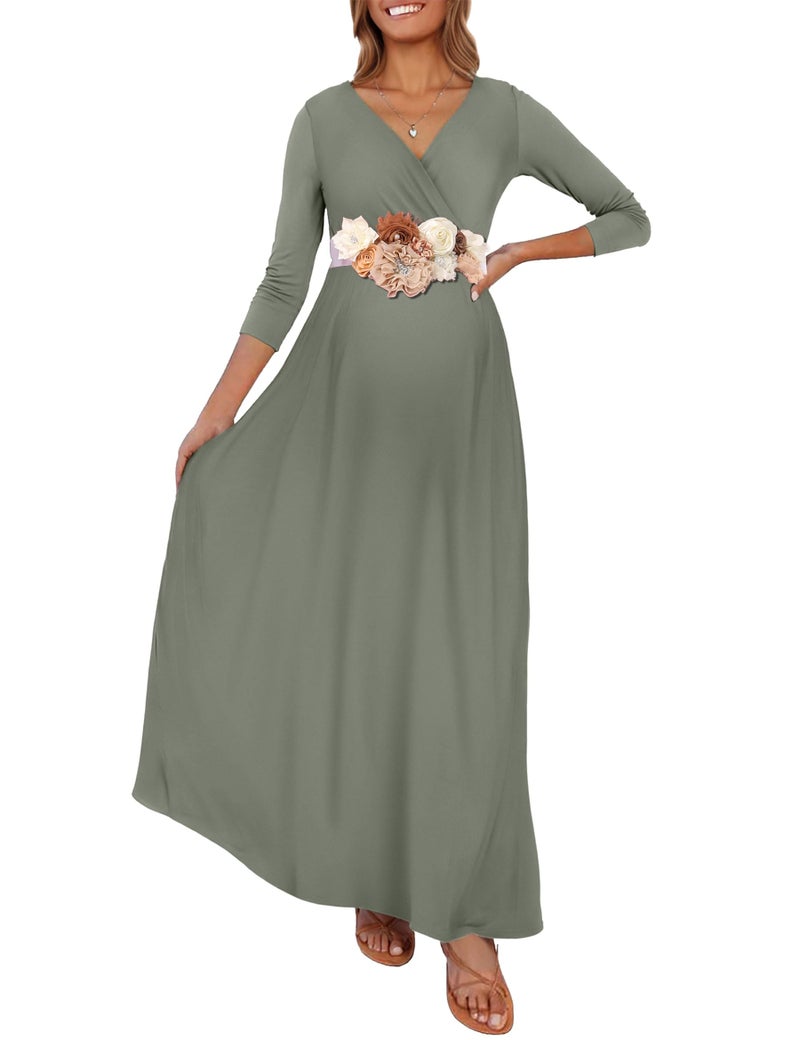 KIM S Winter Maternity Dress Photoshoot Long Sleeve Maxi Dress Fall Christmas Nursing Wrap Long Wedding Guest Postpartum 2025 (Grey Green M) - Image 1